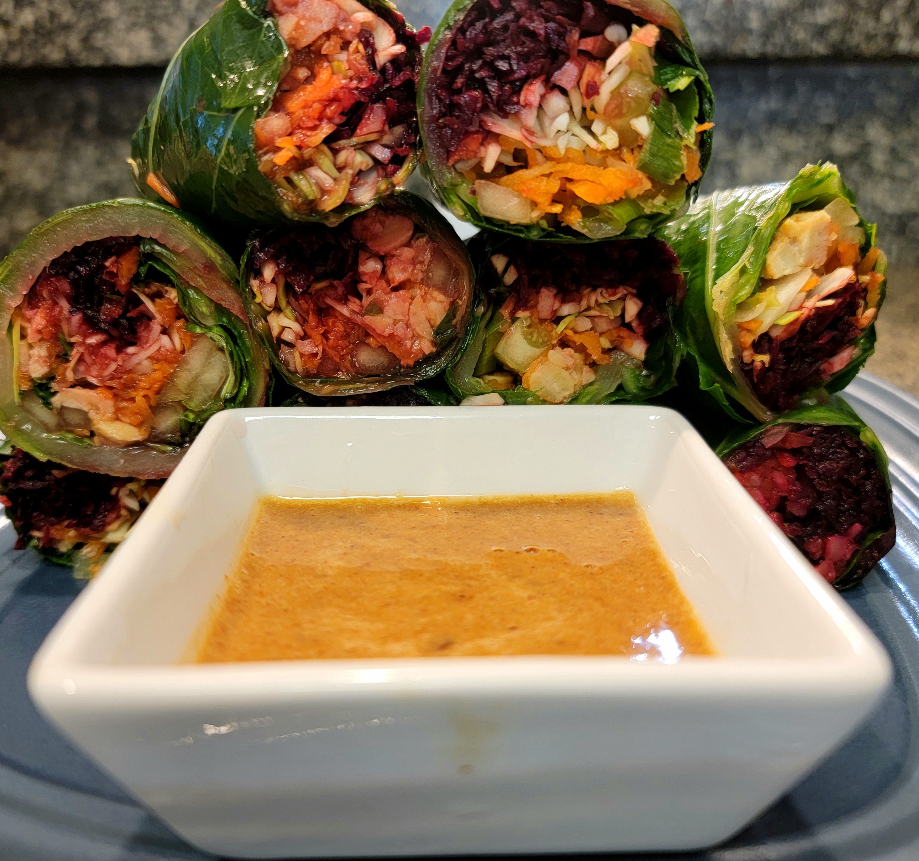 Collard green tempeh rolls with dipping sauce